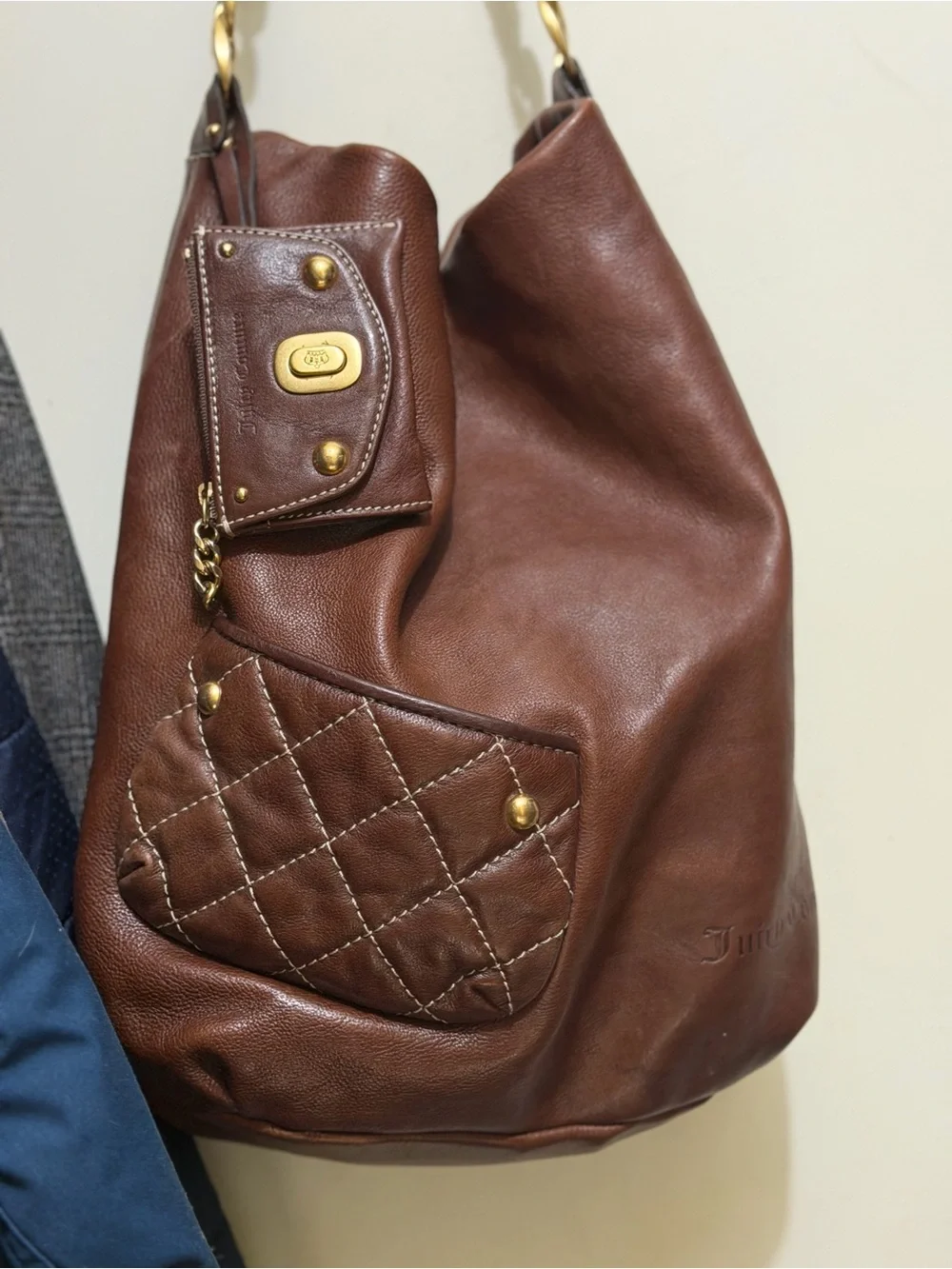 VTG Juicy Couture Brown Leather Hobo Bag Quilted Pocket Pouch Charm Y2K Slouchy